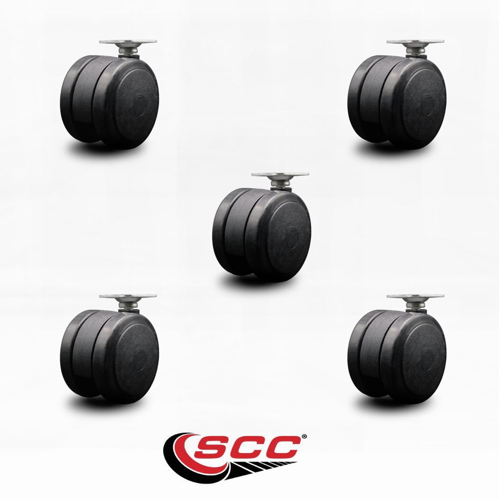 2-3/8 Inch Black Floor Safe Twin Wheel Casters Top Plate Set of 5 Service Caster