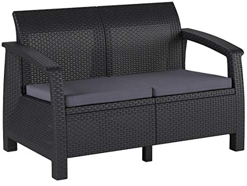 Charcoal Keter Corfu Love Seat All Weather Outdoor Patio Garden Furniture w/ Cushions