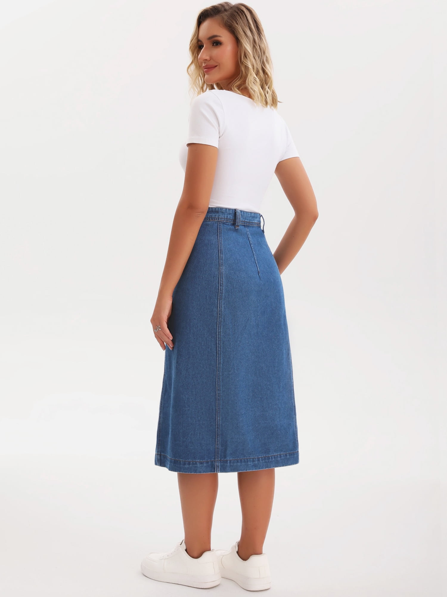 DARING DIVA Women's Denim Midi Skirt Button Up Slit Jean Skirts XX-Large Blue