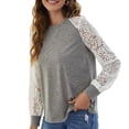 thumbnail image 1 of Moda mujer otoño blusa encaje empalme O cuello manga larga camiseta casual top Abanopi Gris/Pequeña, 1 of 7
