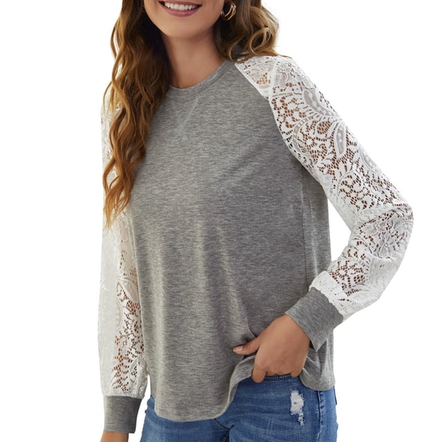Moda mujer otoño blusa encaje empalme O cuello manga larga camiseta casual top Abanopi Gris/Pequeña