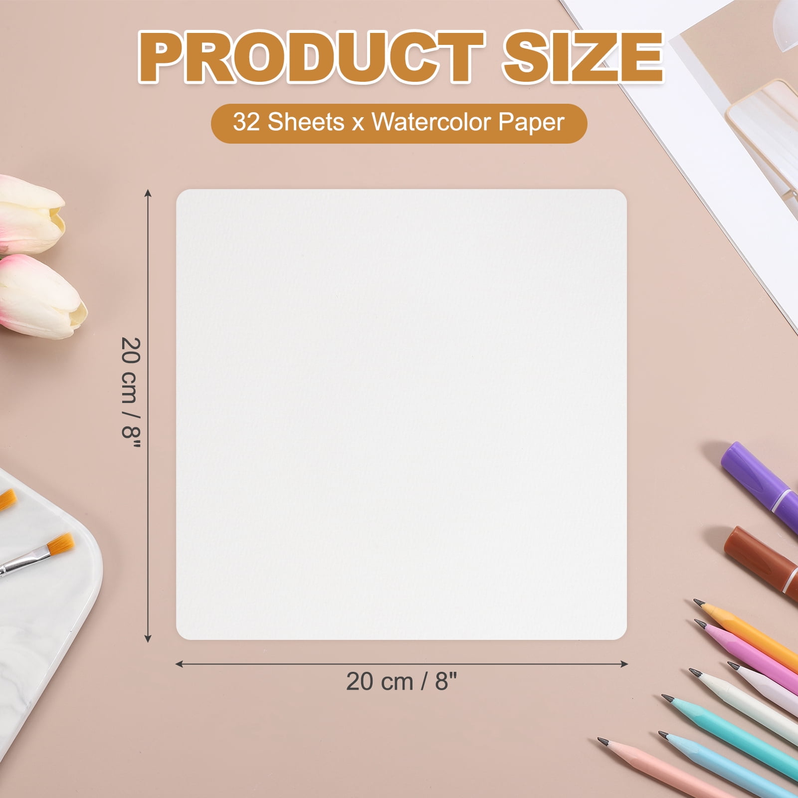 Uxcell 32 Pcs Watercolor Paper 8 x 8 Inch 140lb/300gsm Artist Painting Drawing Paper Bulk Cold Press Water Color Paint Sheet for Sketchbook Journal (Round Corner), White