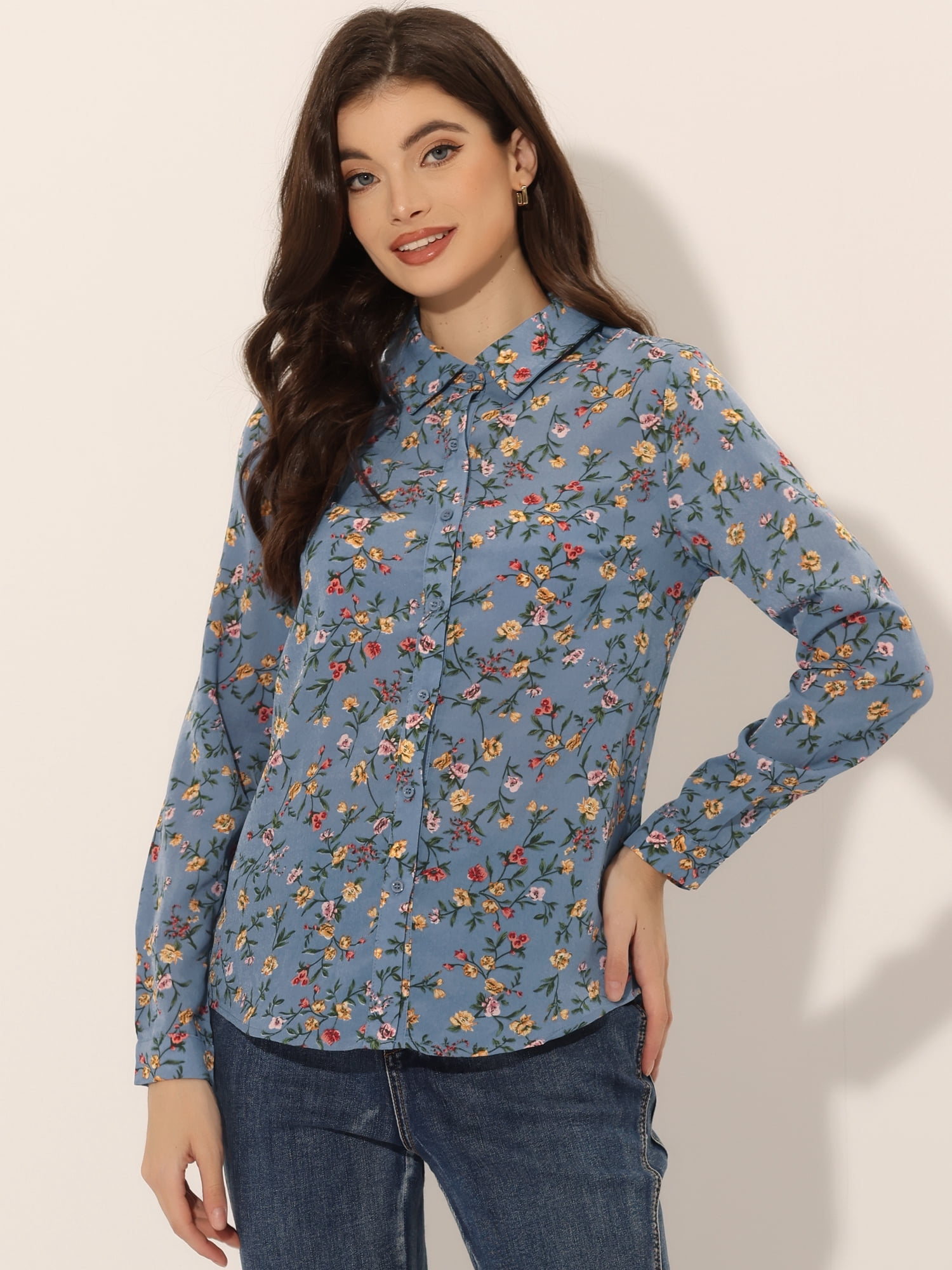 DARING DIVA Women's Button Down Long Sleeve Point Collar Blouse 2XL Gray-Yellow Floral
