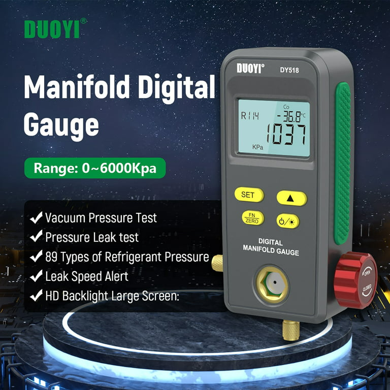 Refrigeration Digital Manifold Gauge Set HVAC Pressure Meter Kit 2-Valve  Vacuum Temperature Tester Air Conditioning Diagnostic W/ Accessories 89  types R134a R410a Refrigerants for Home Car, DY517A 