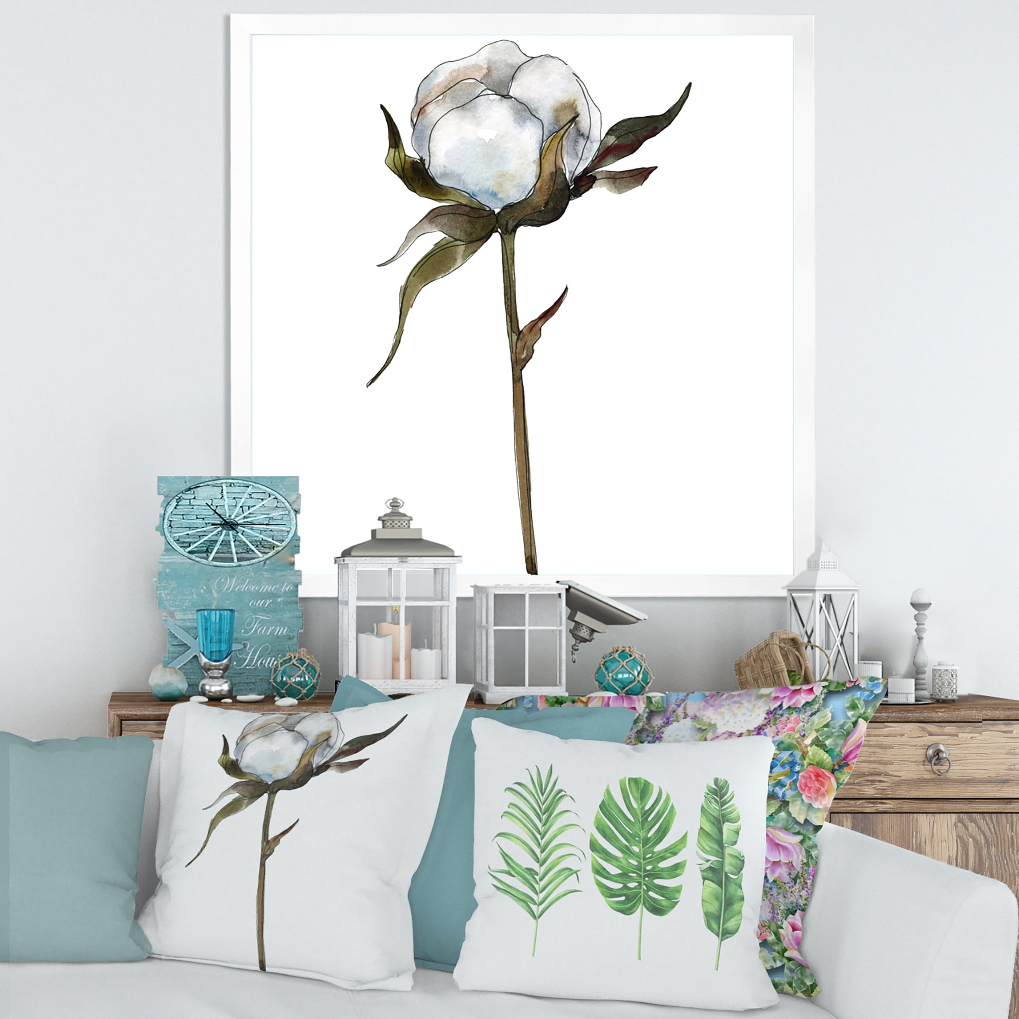 Designart 'Cotton Flower Retro Style' Traditional Framed Art Print