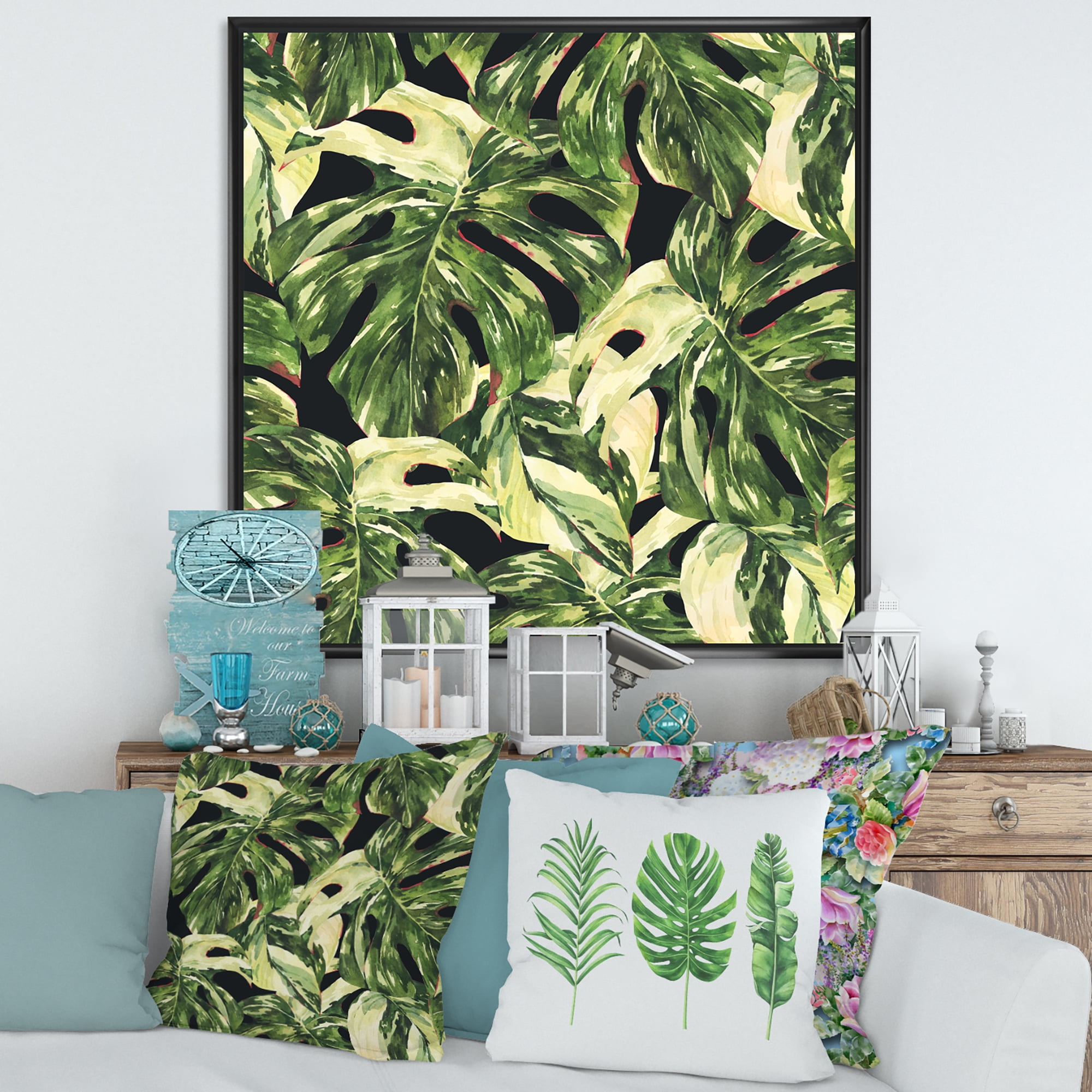 Natural Green Leaves Exotic On Dark II 16 in x 16 in Framed Painting Canvas Art Print, by Designart