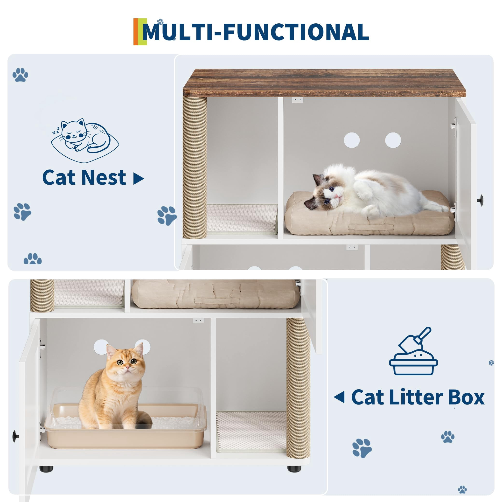 Huisuilinss Cat Litter Box Enclosure For 2 Cats,Double Layer Hidden Litter Box Furniture,2 Story Wood Cat Washroom Or Bed With Cat Scratching Post And Board,Pet House End Table For Living Room