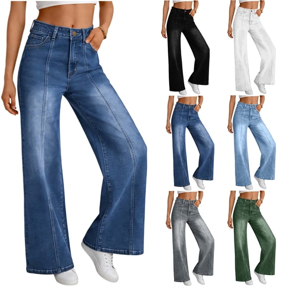 RYDCOT Women's Wide Leg Jeans High Waisted Stretchy Straight Leg Jeans Trendy Seamed Front Loose Denim Pants White