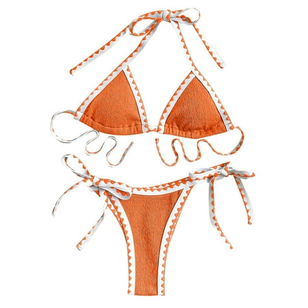 JIANJIA Womens Swimsuits Summer Solid Color Lace Up Halter Brassiere With Thongs Beach Swimsuit Two Piece Bikinis Swimwears Holiday Wear Orange S