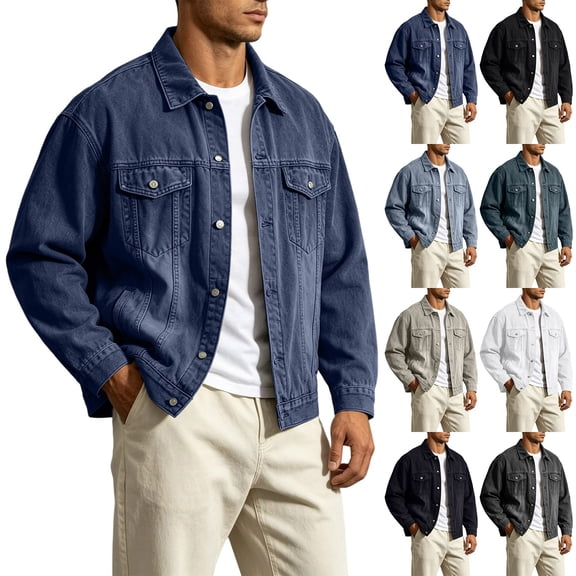 Hvogkswy Vintage Washed Jean Jacket Men Long Sleeve Button Denim Jackets Lightweight Work Jean Jacket Coat with Pockets
