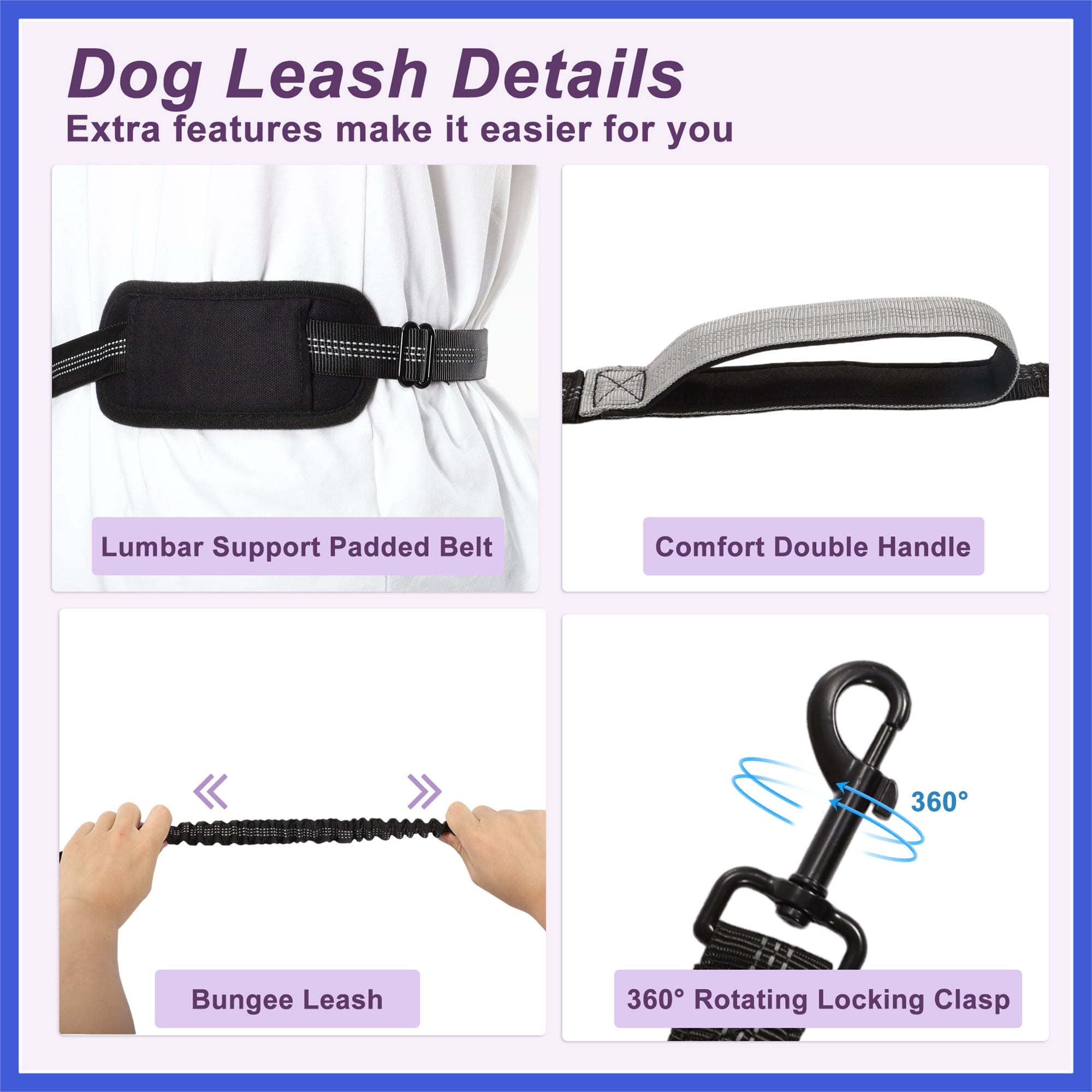 Vocoste Hands Free Dog Leash No Pull Bungee for Two Large Dog Up 330 Ib 6.6-7.6FT Black Gray
