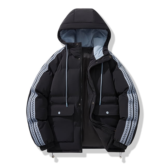 Xuniizn Puffer Jacket Men, Button Pockets Drawstring Color Block Baseball Hooded Windbreaker Jackets, Soft Comfortable Insulated Trendy Outdoor Winter Casual Down Coats