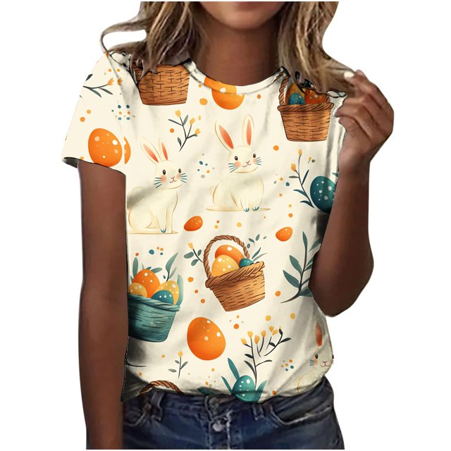 Pisexur Hauts pour Femmes Blouses Décontractées Élégantes Imprimé de Pâques Manches Courtes Col Rond, Grande Taille Multicolore, 5TG