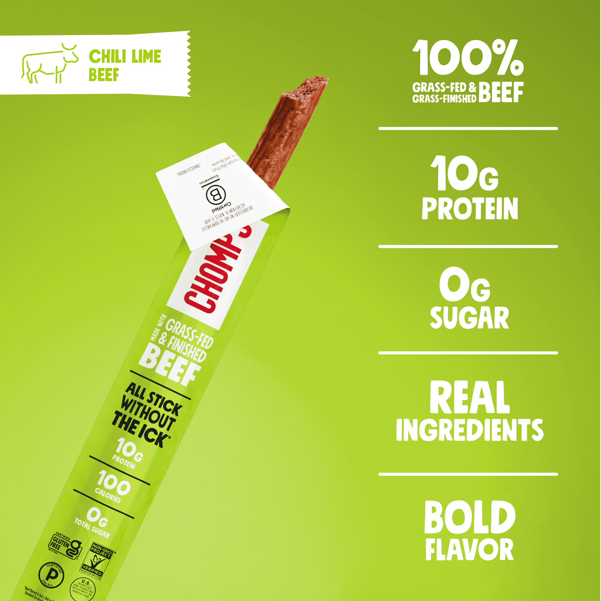 Chomps Grass-Fed And Finished Chili Lime Beef Snack Sticks (8 Count)