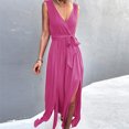 thumbnail image 5 of Sleeveless Dress for Women V Neck Casual Summer Split Long Dress Solid Loose Comfy Elegant Belted Tank Party Dress, 5 of 7