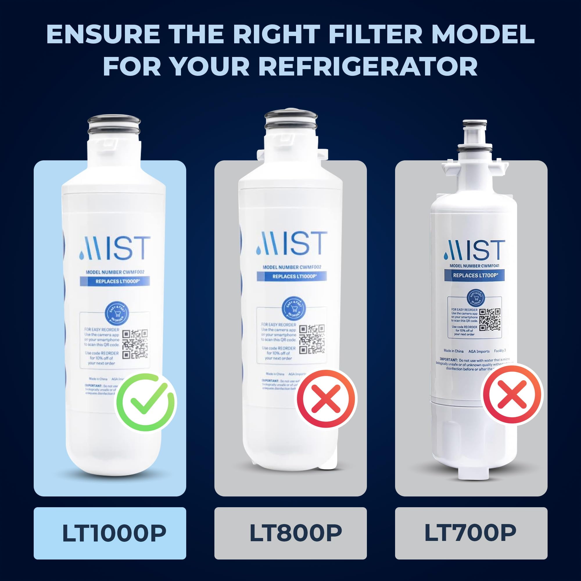 Mist Refrigerator Water Filter, Compatible with LG LT1000P, ADQ747935, MDJ64844601, LMXS28626D, Kenmore 46-9980, 469981, 3-Pack
