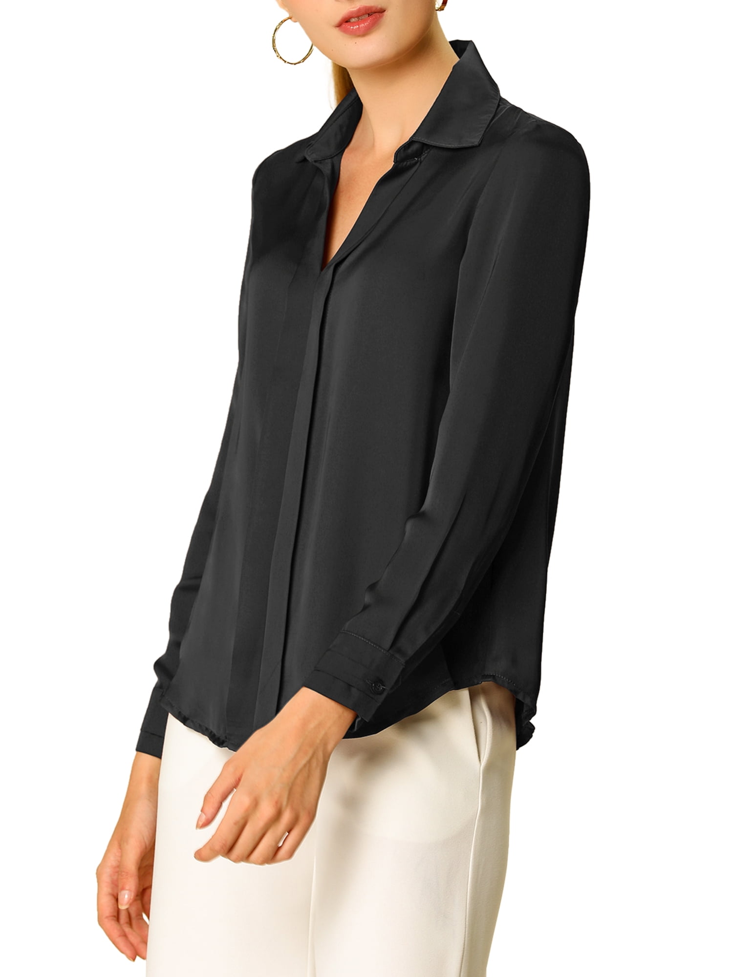 DARING DIVA Women's V Neck Classic Work Office Long Sleeve Shirt XS Black