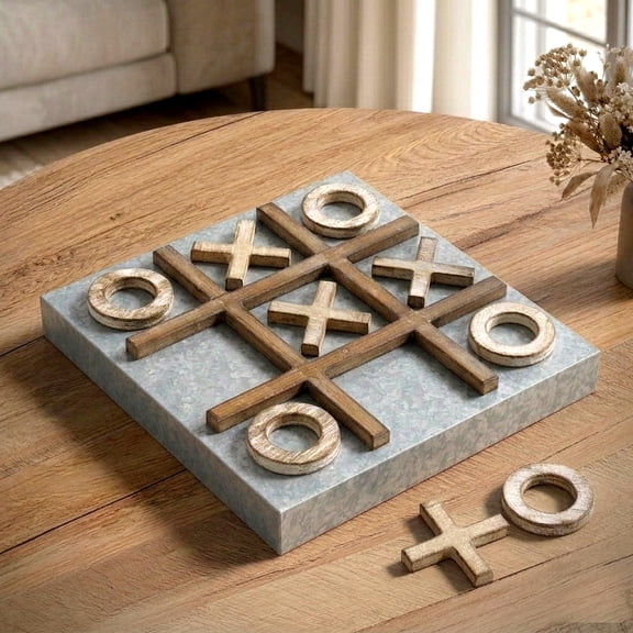 Magnetic Tic Tac Toe Board Game Set - Wood Metal Wall or Coffee Table Decor - Silver & Brown, 15" x 15" x 1.5"