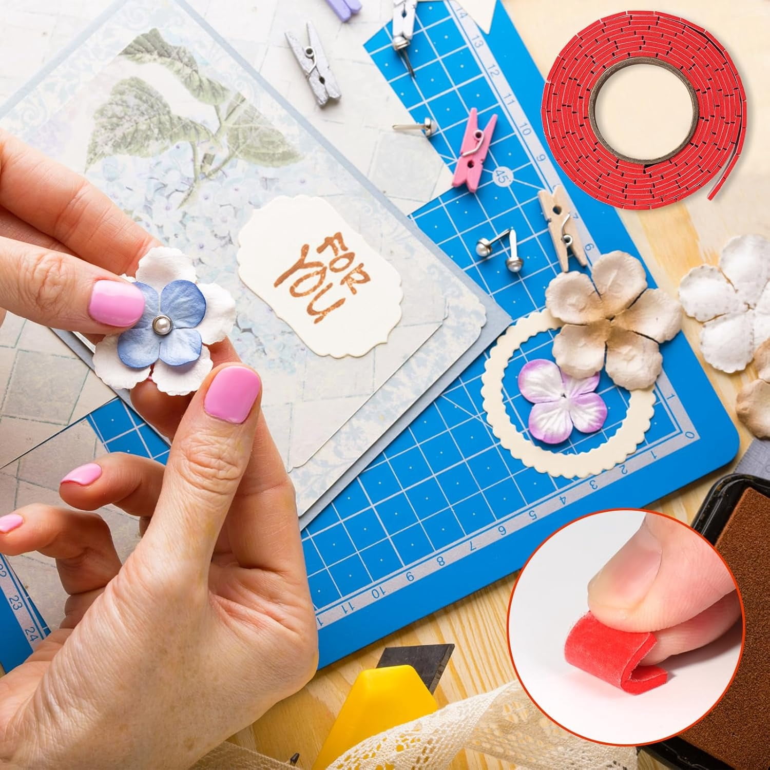 5 Roll Double Sided Foam Tape for Crafts 0.75 x 0.47 Inch Pre-Cut Foam Mounting Tape with 1 Acrylic Storage Box Square Foam Dots Double Sided Adhesive Fit Arts Sewing DIY (5 Roll White+Box)