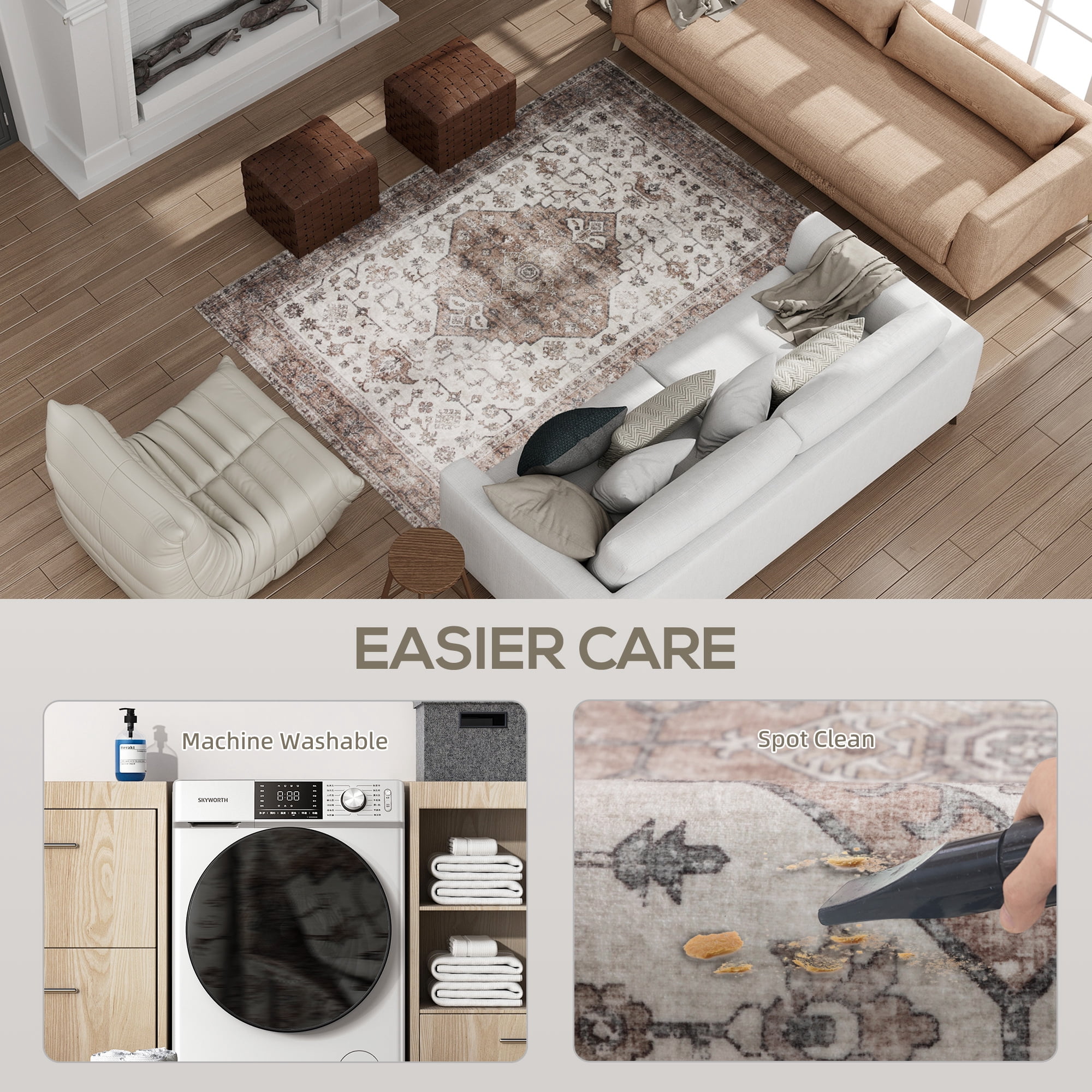 HOMCOM 4x6 Area Rug, Vintage Machine Washable Rug, Non-Slip Distressed Floor Carpet for Living Room, Bedroom, Dining Room, Home Office, Tan