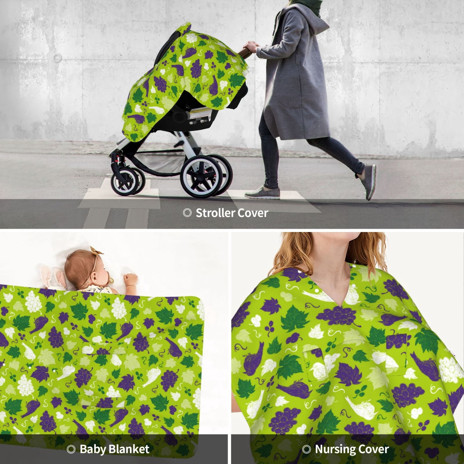Car Seat Cover Baby - Cute Grape Bird Breathable Infant Car Seat Cover for Baby Carseat, Lightweight Comfort Baby Essentials Must Haves Newborn Stuff for Girl Boy