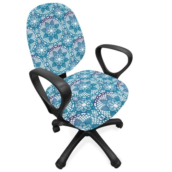 Floral Office Chair Slipcover, Continuous Lace Look Doilies Pattern Floral Motifs, Protective Stretch Decorative Fabric Cover, Standard Size, Indigo Sea Blue, by Ambesonne