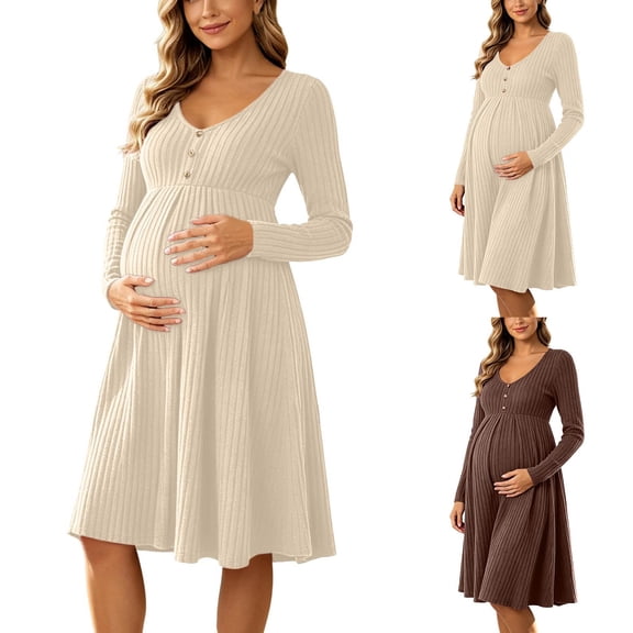 UKHCCC Women's Maternity Midi Dress, V-Neck Long Sleeve Ribbed Knit A-Line Dress with High Waist, Stretchy Loose Pregnancy Dress for Work