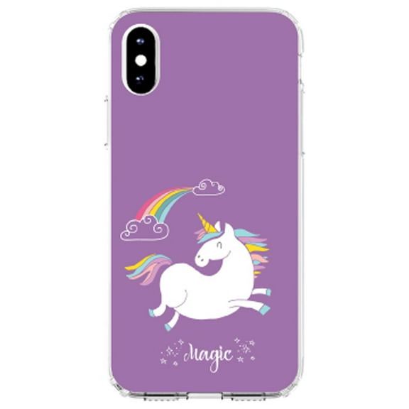 DistinctInk Clear Shockproof Hybrid Case for iPhone XS Max (6.5" Screen) - TPU Bumper, Acrylic Back, Tempered Glass Screen Protector - Unicorn - Rainbown - Magic - Purple