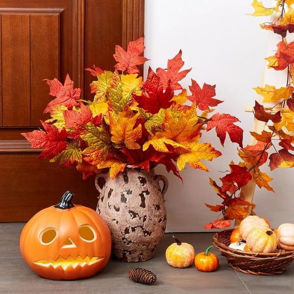 Guvpev Fall Decor, 6Pcs Fall Leaves Stems Artificial Fall Maple Leaves Silk Autumn Leaf Branches Orange Floral Stems Fake Fall Leaf Decor for Home Vase Thanksgiving Table Centerpieces Halloween Decor