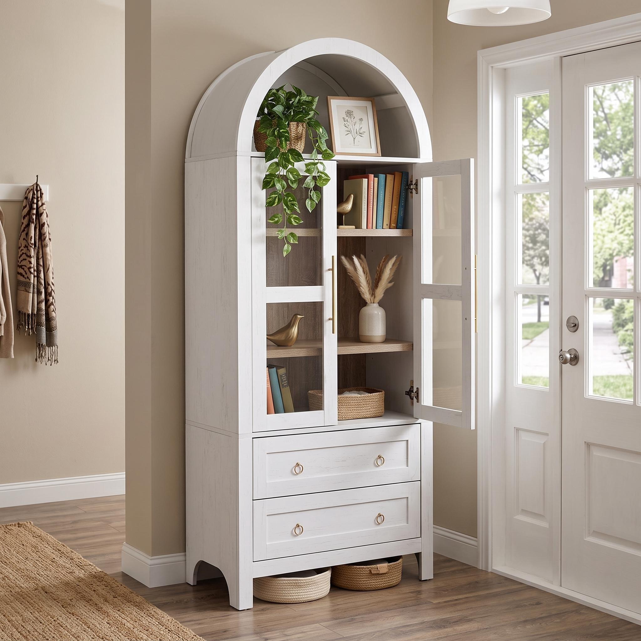 Homy Casa 71" Tall Arched Kitchen Pantry Storage Cabinet with Glass Doors 2 Drawers Adjustable Shelves White
