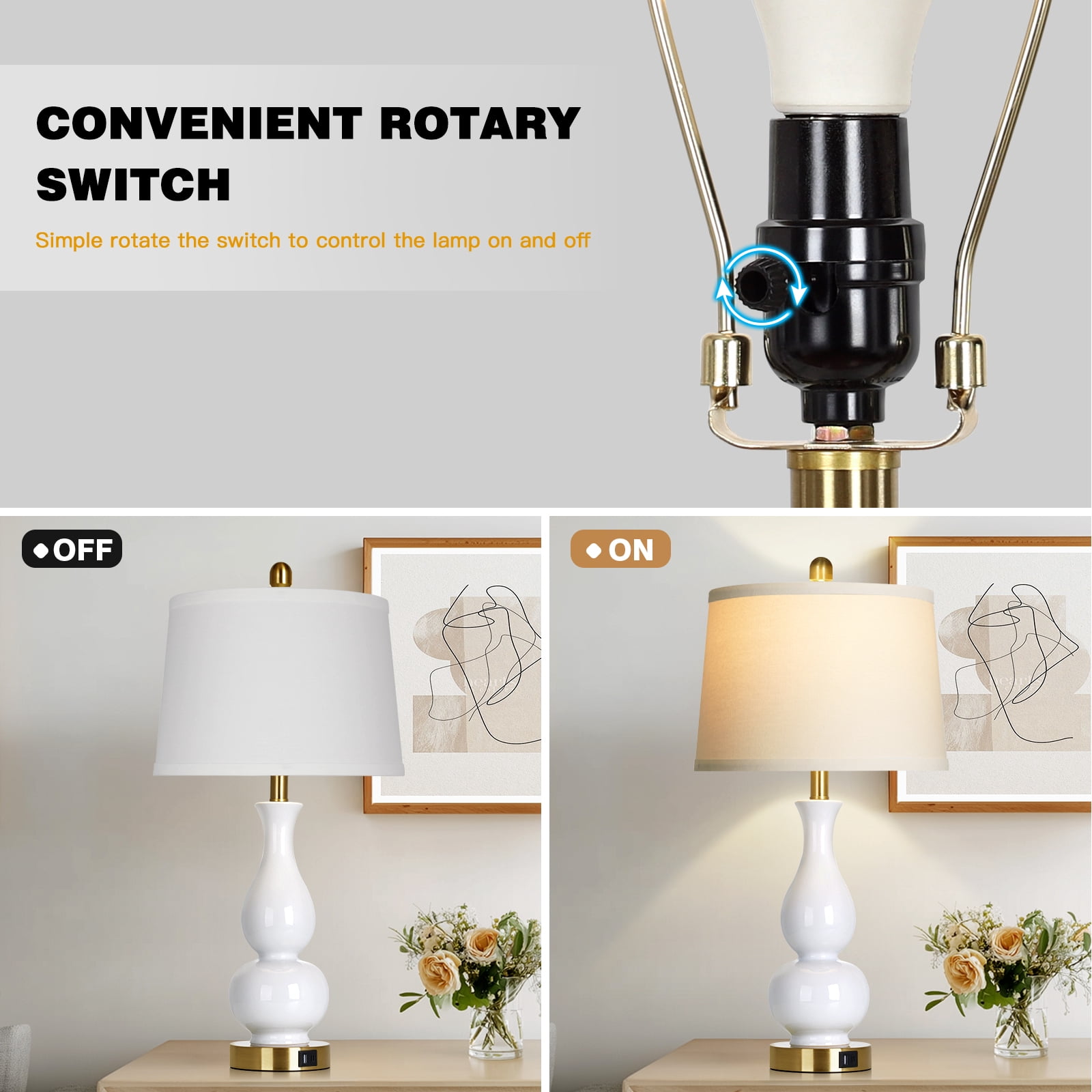 Lolikit 27" Modern Ceramic Table Lamp Set of 2 for Bedroom Living Room,Farmhouse Bedside Nightstand Lamp with USB Charging Port,LED Bulbs Included