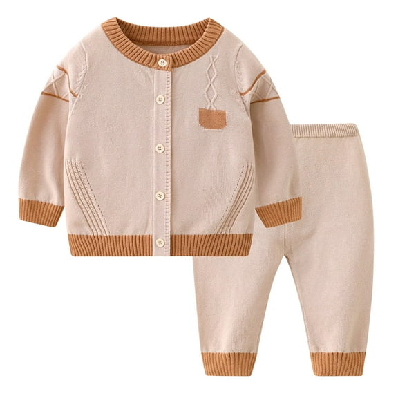 Odeerbi Kids Boys Girls Cotton Clothes Fall Winter Thermal Outfits Set Children's Casual Cute Lace Breasted Warm Shirt Pants Two-piece Set Long Sleeve Round Neck Top Set Beige