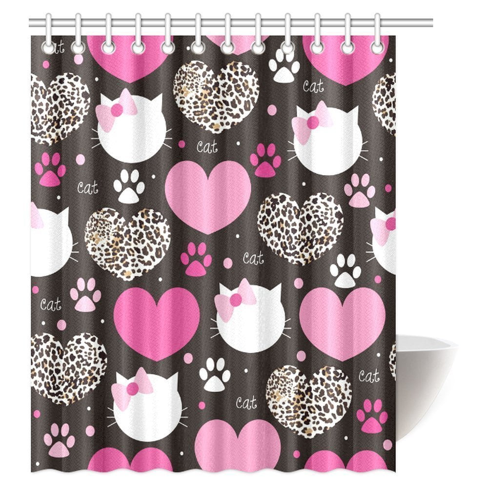 Pop Leopard Shower Curtain Home Decor Heart With Cat Face World Wildlife Bathroom Set 60x72 Inch