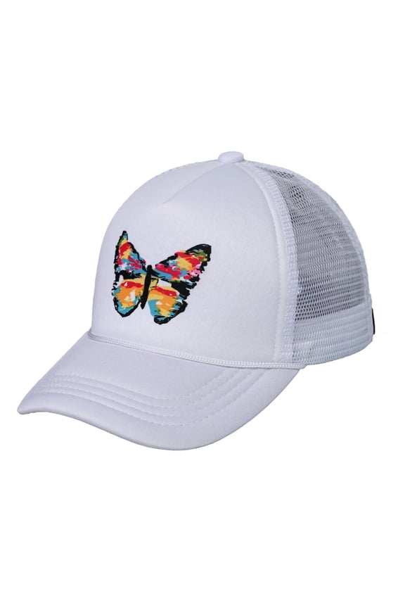 Trucker Mesh Adjustable Snapback Baseball Cap, Abstract Vivid Butterfly, White