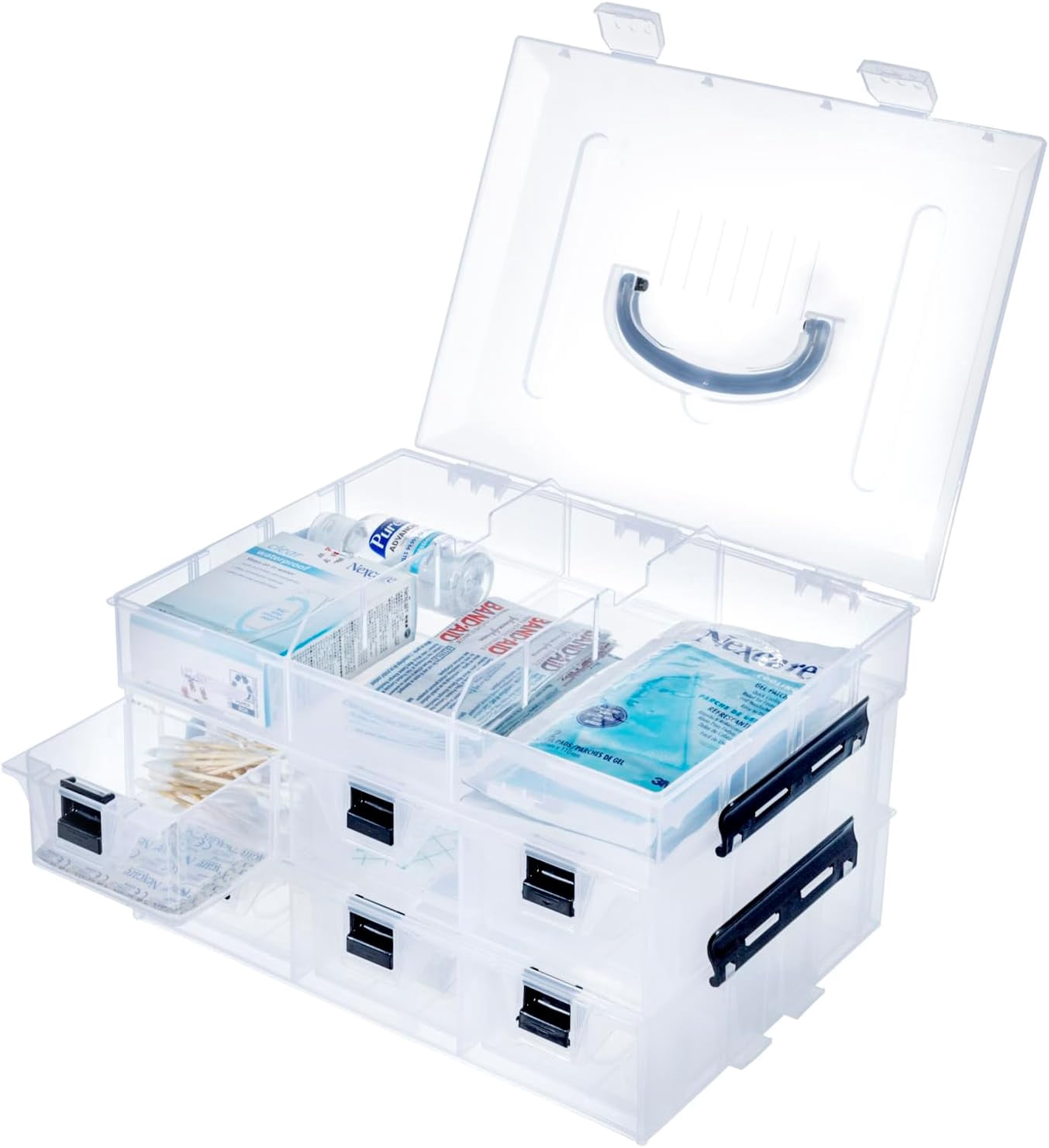 Clear Plastic Storage Box Container, Arts and Crafts Sewing Supplies Organizer Case with Black Accents, 24 Customizable Compartments, and 6 Drawers with Removable Dividers