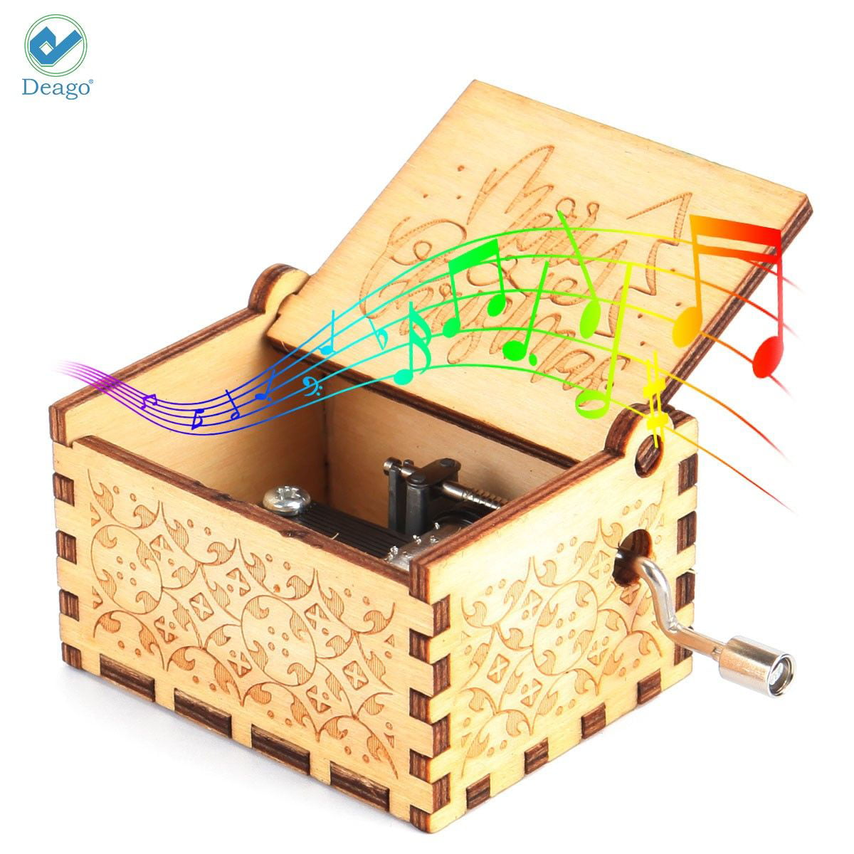 Retro Wooden Music Box Hand-Cranked Engraved Toys Kids Birthday Gift Xmas Decor 
