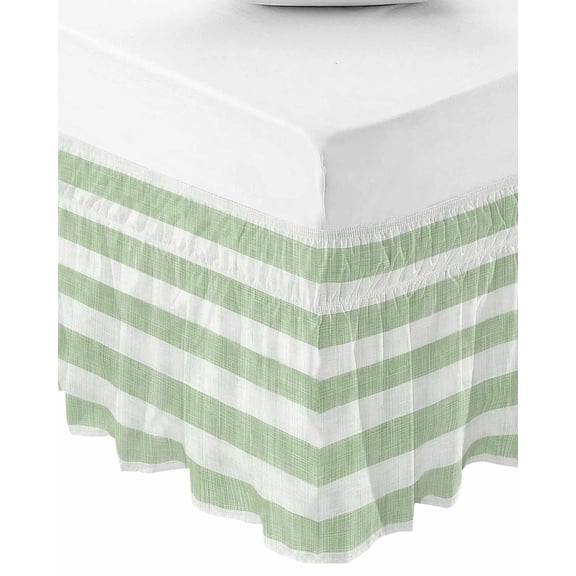 Sage Green Striped Wrap Around Bed Skirts for Queen Bed 16" Drop, Bed Skirt with Adjustable Elastic Belt Dust Ruffle Bed Valance for Bedroom Hotel Luxury Farmhouse Vintage Stripes Bed Frame Cover