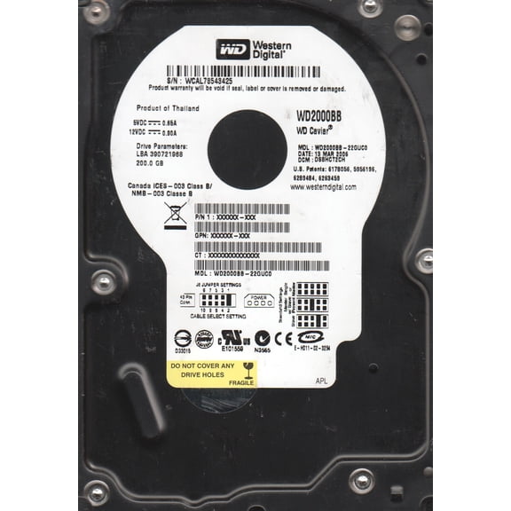 WD2000BB-22GUC0, DCM DSBHCT2CH, Western Digital 200GB IDE 3.5 Hard Drive
