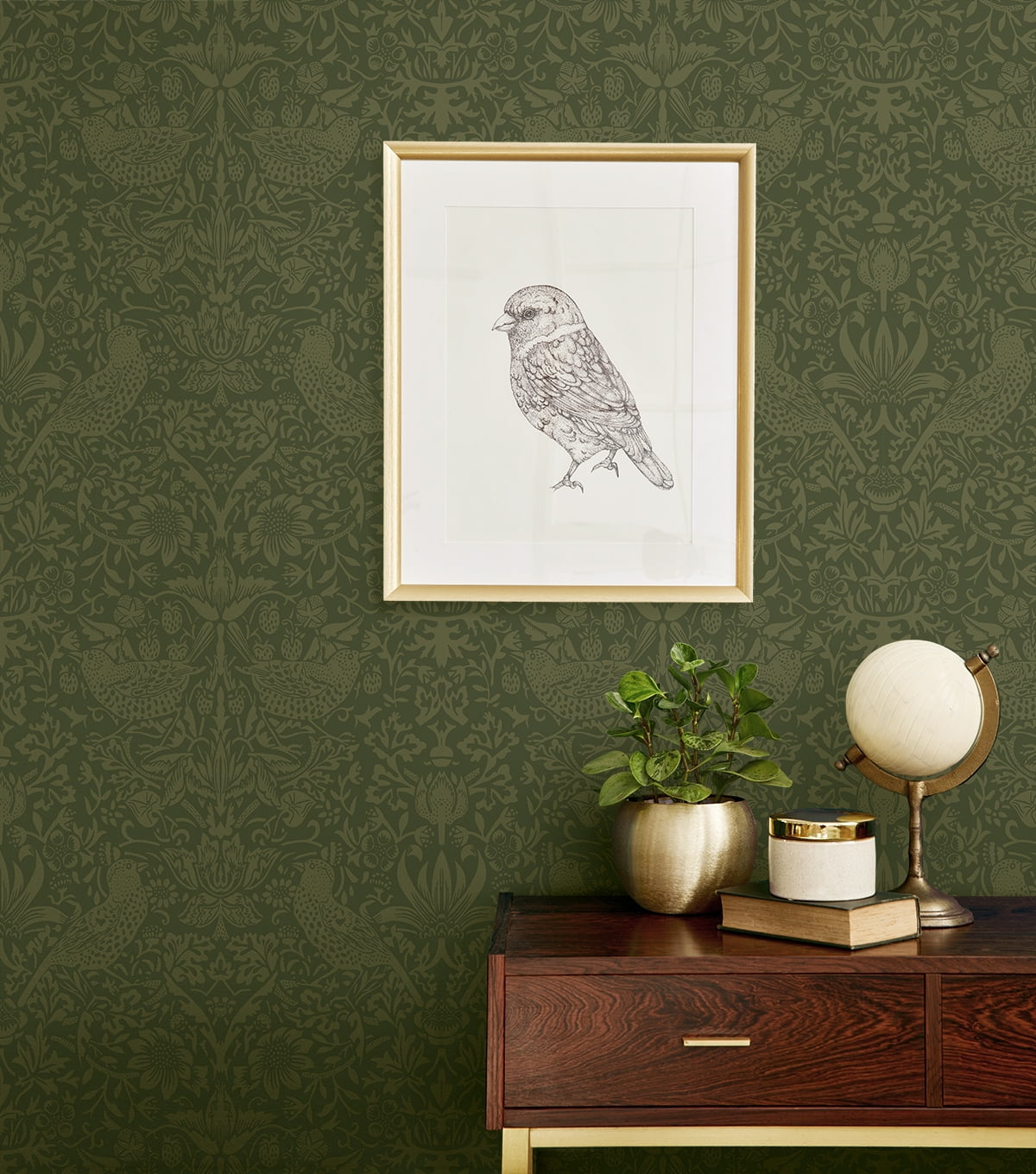 NextWall Moss Green Tonal Bird Garden Peel and Stick Wallpaper