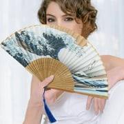 Honrane Handheld Fan Ocean Wave Pattern - Bamboo Folding Fan with Tassel for Dance, Photography, Decoration