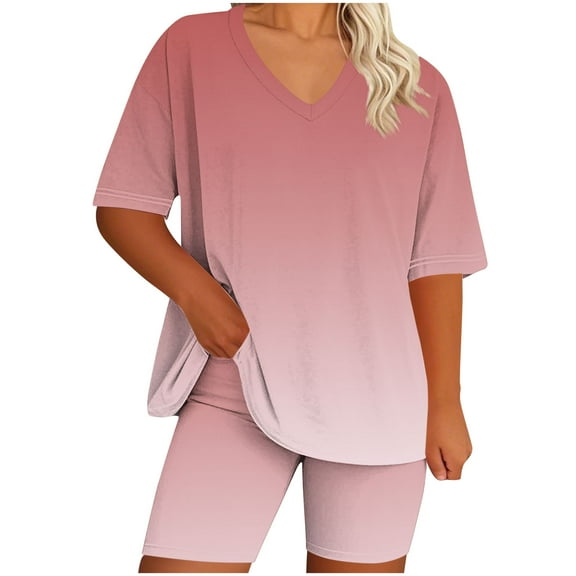 Beach Vacation Outfit Set for Women New Womens Plus Size Lounge Set 2 Piece Outfits Short Sleeve Tops Matching Shorts Summer Comfy Oversized Clothes Pinky L