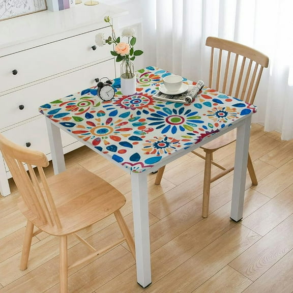 BANET  Deluxe Elastic Edged Flannel Backed Vinyl Fitted Table Cover - Medallion Pattern  - Fits Square Tables white