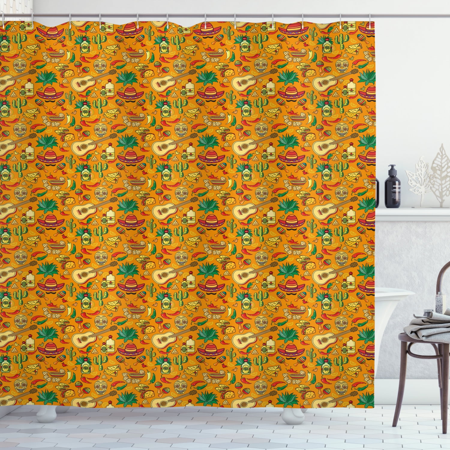 Mexican Shower Curtain, Energetic Colors Cartoon Style Pattern with