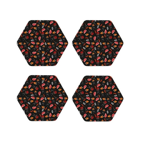 

Junzan BBQ Print Coasters for Drinks - Leather Coasters Set of 4 for Coffee Table for Housewarming/Kitchen/Bar/Decor-Hexagon