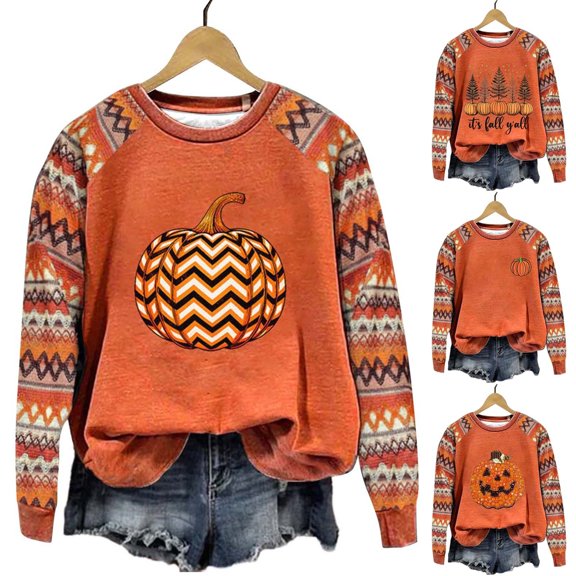 YVNAURA Women's Halloween Pumpkin Print Hoodless Sweatshirt Crewneck Long Sleeve Loose Fit Fall Casual Graphic Pullover Top Spooky Season Oversized Sweater 1 Pack, Black,L
