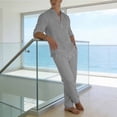 thumbnail image 4 of LEKWK Men Linen Sets Outfits 2 Piece Long Sleeve V Neck Casual Tops and Drawstring Elastic Waist Wide Leg Pants Summer Casual Beach Vacation Resort Outfits, 4 of 9