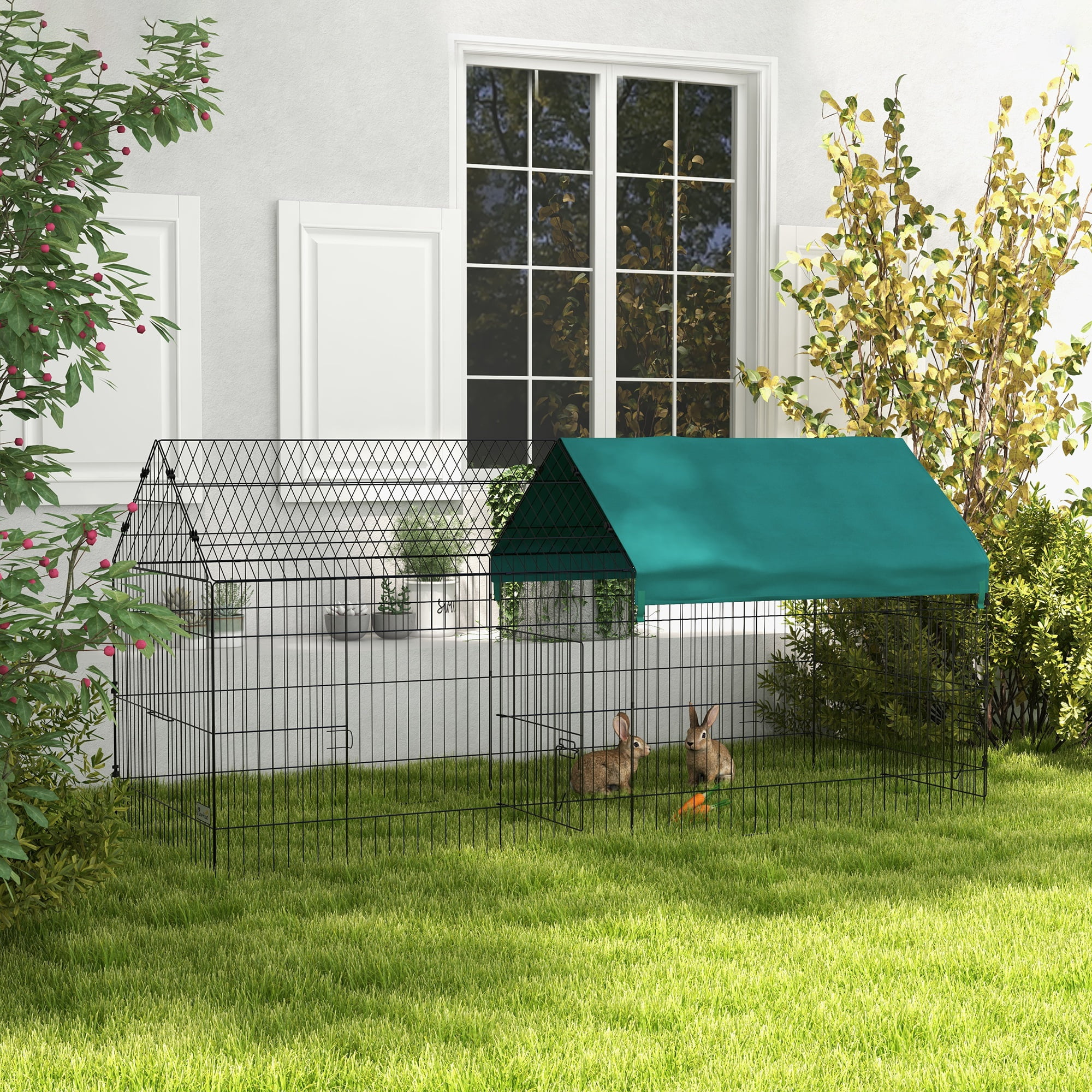 PawHut 87" Small Animal Playpen, Pet Playpen Yard Fence for Rabbits, Chicken, Chinchillas with Roof for Indoor Outdoor, Green
