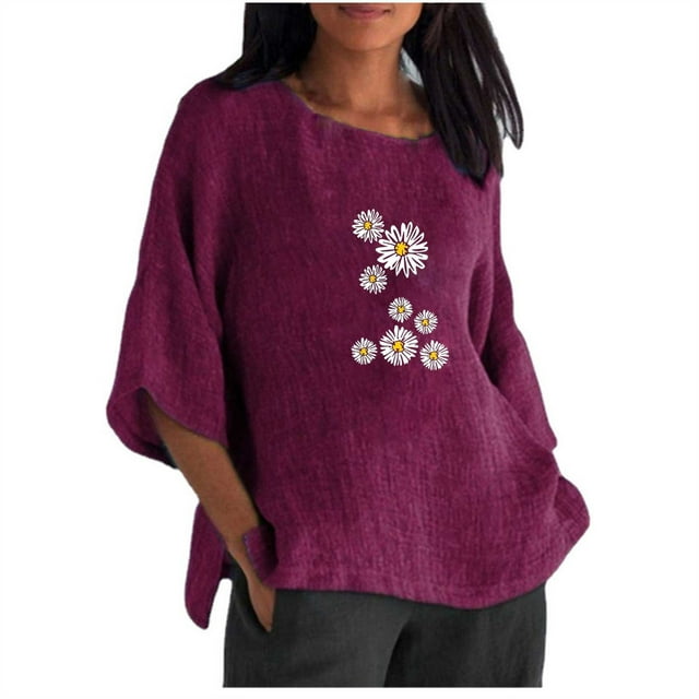 Hauts d'Été pour Femmes 2023 Mode Femmes Été Imprimé Trois Quarts Manches Courtes Col Rond Régulier T-Shirt Bohème Grande Taille pour Femmes
