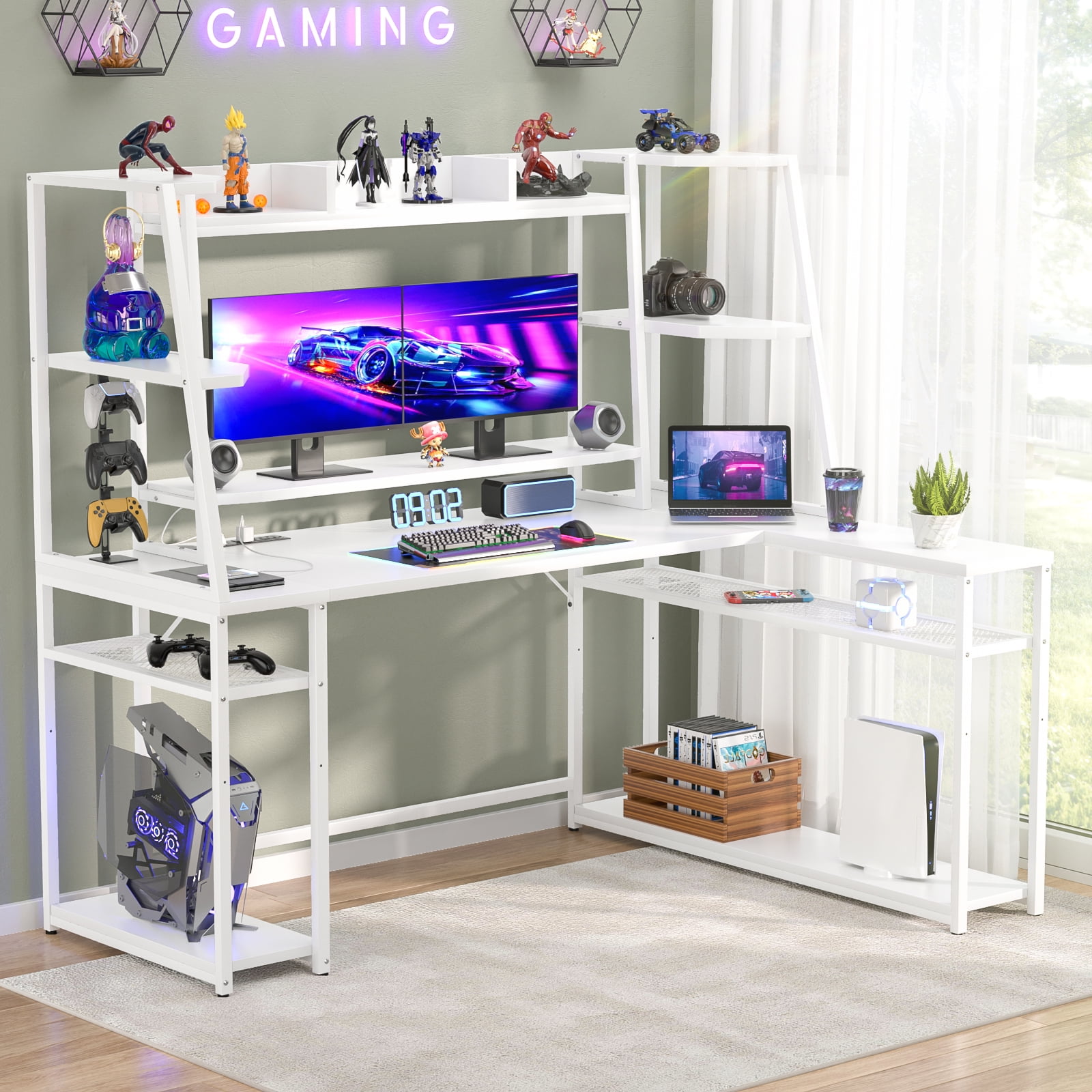 LIVING ESSENTIALS Gaming Desk Plus——Home Office PC Computer Gamer Desks  /RGB LED Lights/ Headphone Hook(