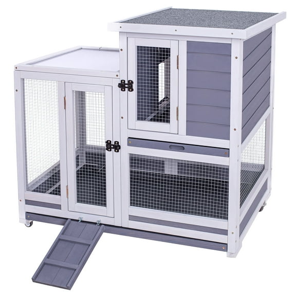 GEGURI Rabbit Hutch, Two-Story Indoor Bunny Cage, Outdoor Guinea Pig Cages for Small Animals with Wheels, Removable Tray